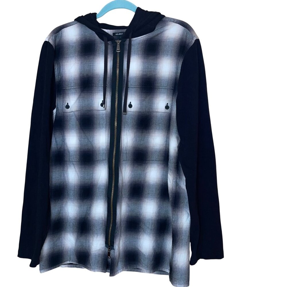 Helmet Lang Mens  Jacket Size Large Multicolor Plaid Print Zipper Front Hooded